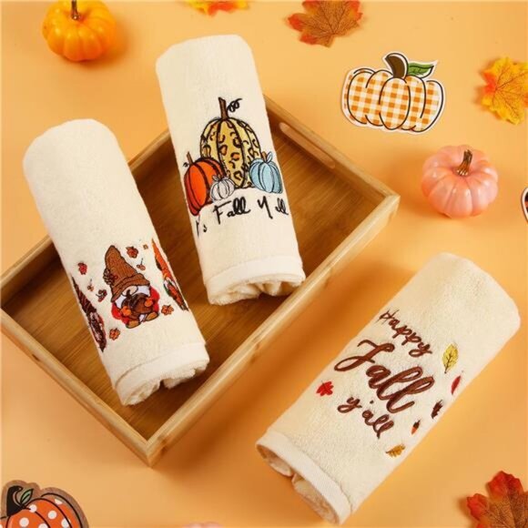 3 Pack Happy Fall Hand Towels Autumn‎ Gnomes Pumpkin Thanksgiving Embroidered - Picture 4 of 7